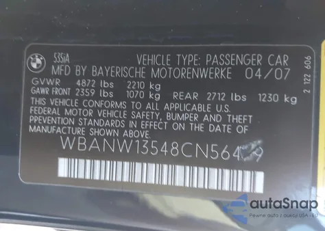 2008 BMW 535I from USA, damaged, VIN WBANW13548CN56479